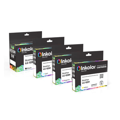 Brother LC-129XLVAL Multipack kompatible Tintenpatronen Schwarz, Cyan, Magenta, Gelb in Verpackungen vor weißem Hintergrund
