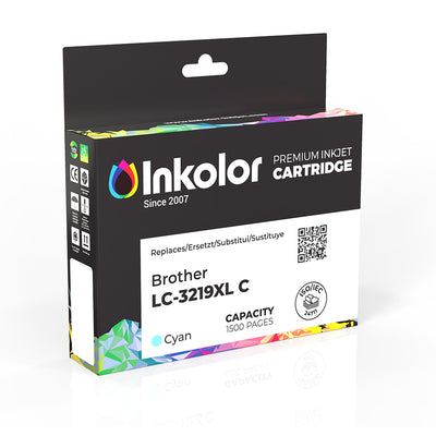 Brother LC-3219XLC kompatible Tintenpatrone Cyan Verpackung, kompatible Druckerpatrone mit 1.500 Seiten Kapazität in leuchtendem Blau.
