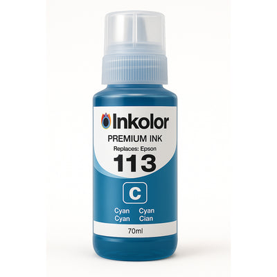 Epson 113 (T06B240) kompatible Tintenpatrone Cyan Flasche in naher Ansicht, bietet hohe Druckqualität und Farbgenauigkeit.