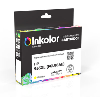 HP 953XL (F6U18AE) kompatible Tintenpatrone Gelb Verpackung mit 1600 Seiten Kapazität für lebendige Farbausdrucke.
