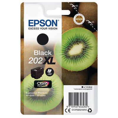 Epson 202XL (T02G140) Tintenpatrone Schwarz Verpackung mit Kiwi-Design, ideal für hohe Druckvolumen und erstklassige Druckqualität.