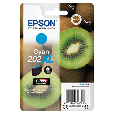 Epson 202XL (T02H240) Tintenpatrone Cyan Verpackung mit Kiwi-Motiv, ideal für lebendige Drucke und Epson-Drucker geeignet.