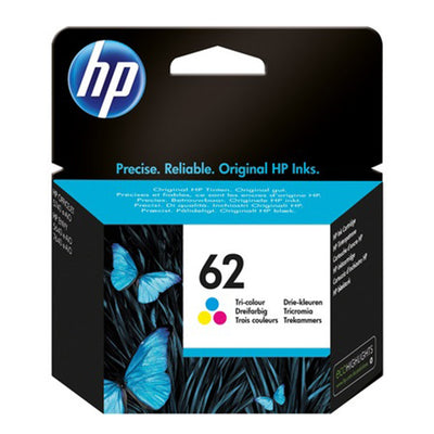 HP 62 (C2P06AE) Tintenpatrone Tricolor Verpackung mit Schmetterlingsdesign für hochwertige Drucke in lebendigen Farben und scharfen Details.