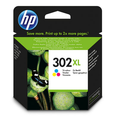 Verpackung der HP 302XL (F6U67AE) Tintenpatrone Tricolor mit hoher Reichweite und lebendigen Farben.