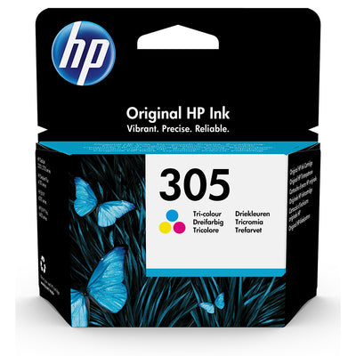 HP 305 (3YM60AE) Tintenpatrone Tricolor Verpackung mit Schmetterlingsmotiv, ideal für lebendige Farben und klare Druckergebnisse.