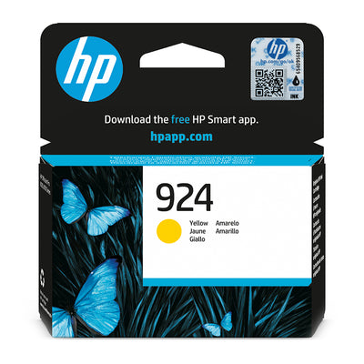 HP 924 (4K0U5NE) Tintenpatrone Gelb Verpackung mit blauem Schmetterling, ideal für professionelle Druckqualität und Zuverlässigkeit