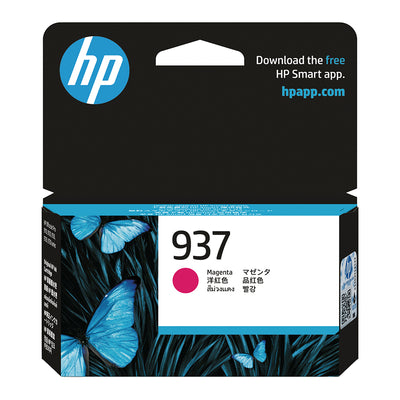 Verpackung der HP 937 (4S6W3NE) Tintenpatrone Magenta mit blauen Schmetterlingen im Hintergrund