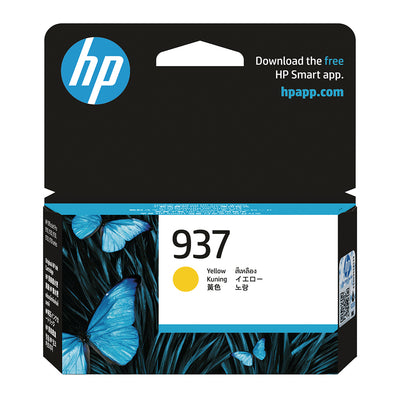 HP 937 (4S6W4NE) Tintenpatrone Gelb Verpackung mit Schmetterlingsmotiv, geeignet für gleichbleibende Farbbrillanz und Druckeffizienz.