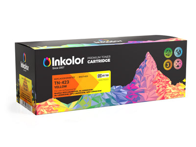 Alt Tag: Brother TN-423Y kompatibler Toner Gelb Inkcolor Premium Toner Cartridge TN-423 Yellow Verpackung fuer Brother Drucker