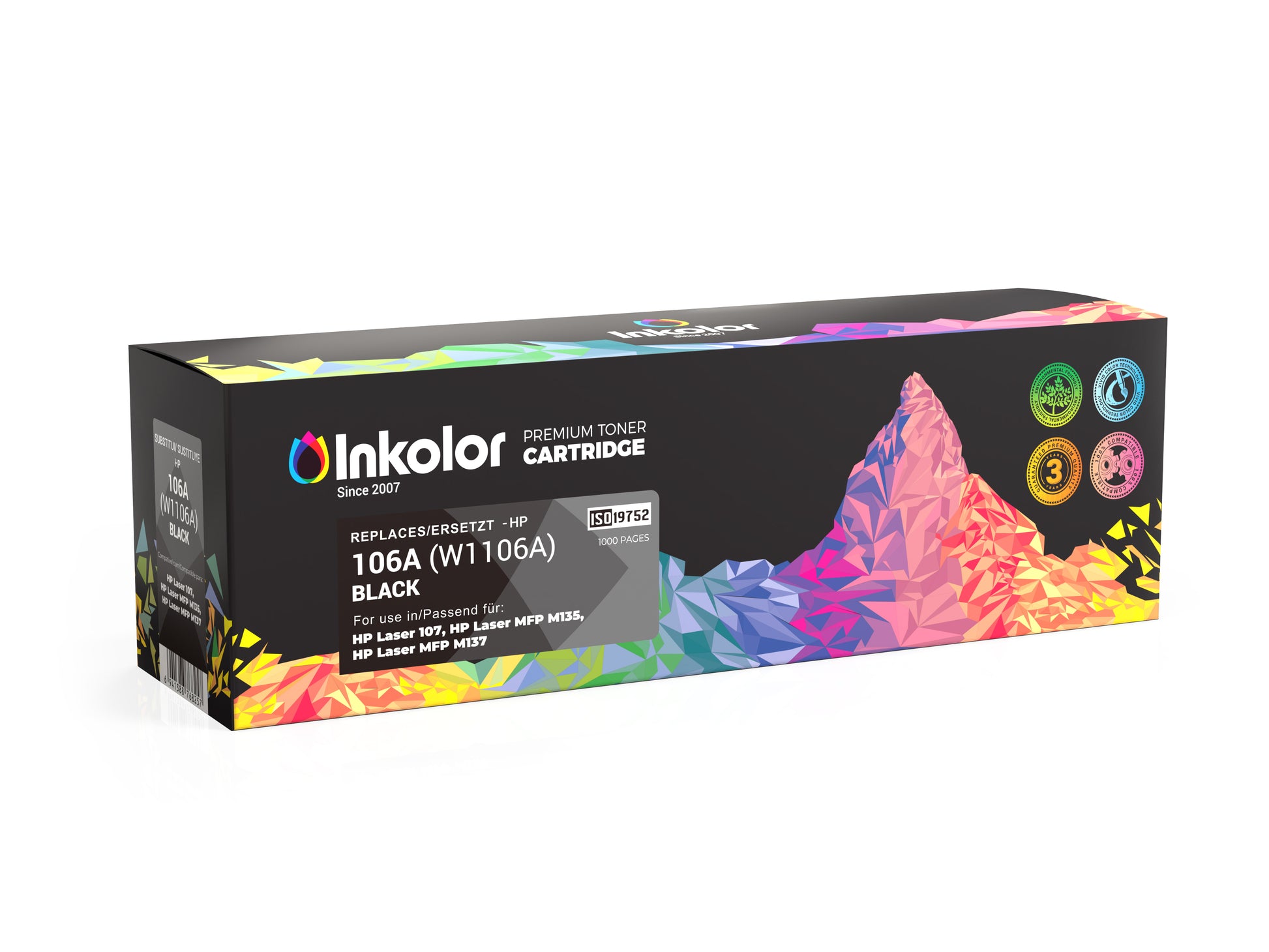 HP 106A (W1106A) compatible black toner cartridge packaging, ideal for crisp text and graphics in home and office use.