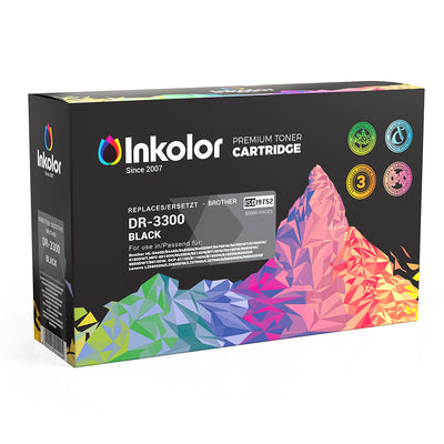 Verpackung der Brother DR-3300 kompatible Trommeleinheit - Drum mit bunter Grafik und Druckspezifikationen