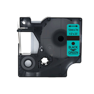 Alt Tag: Dymo 45019 (S0720590) kompatibles Beschriftungsband Kassette 12 mm x 7 m schwarz auf gruen, wischfestes Labelband