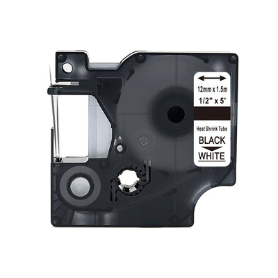 Dymo 18055 (S0718300) kompatibler Schrumpfschlauch Kassette 12mm x 1,5m, schwarz auf weiss, Heat Shrink Tube