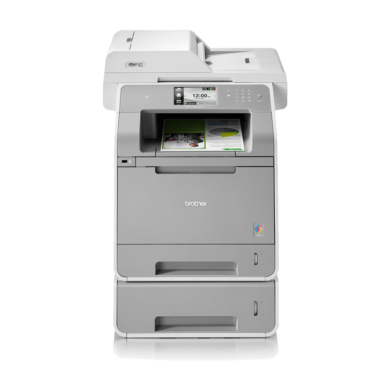 Brother MFC-L9550CDWT color laser printer with duplex and high paper capacity, ideal for office use.