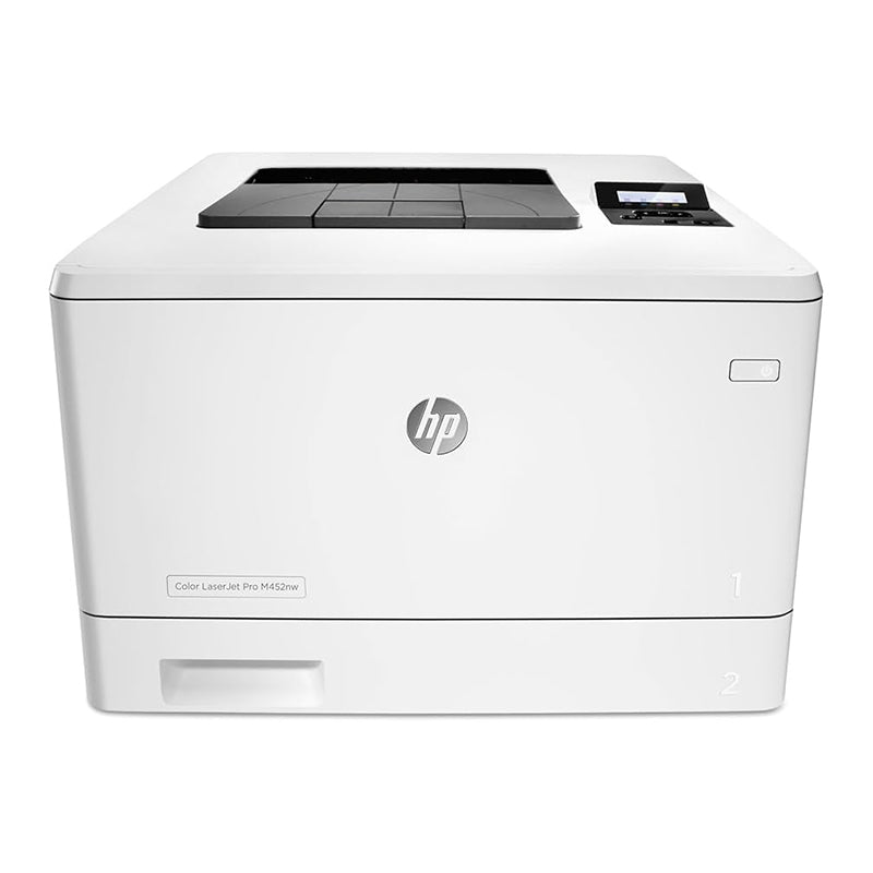 Front view of HP Color LaserJet Pro M452nw printer for small to medium offices, featuring wireless support and high print speeds.