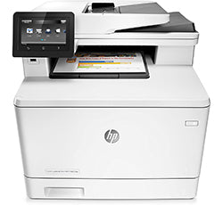 HP Color LaserJet Pro MFP M477fdn multifunction printer with touchscreen display for high-speed printing, copying, scanning, and faxing.