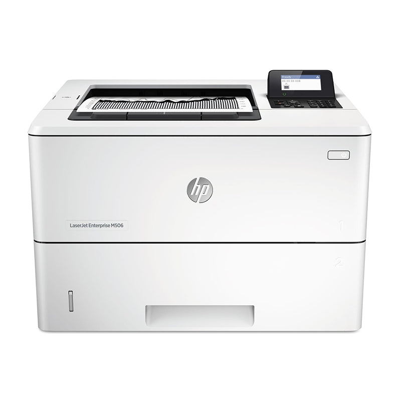 Front view of HP LaserJet Enterprise M506DN monochrome printer designed for busy office environments