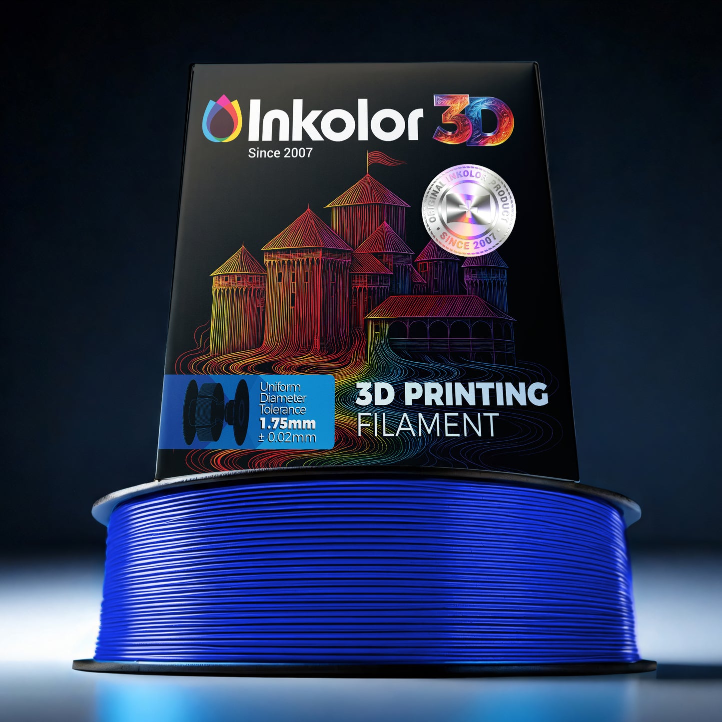 Inkolor PLA+ Blau Filament 1.75mm 1Kg 3D-Druck Filament on spool, showcasing vibrant blue color and packaging.