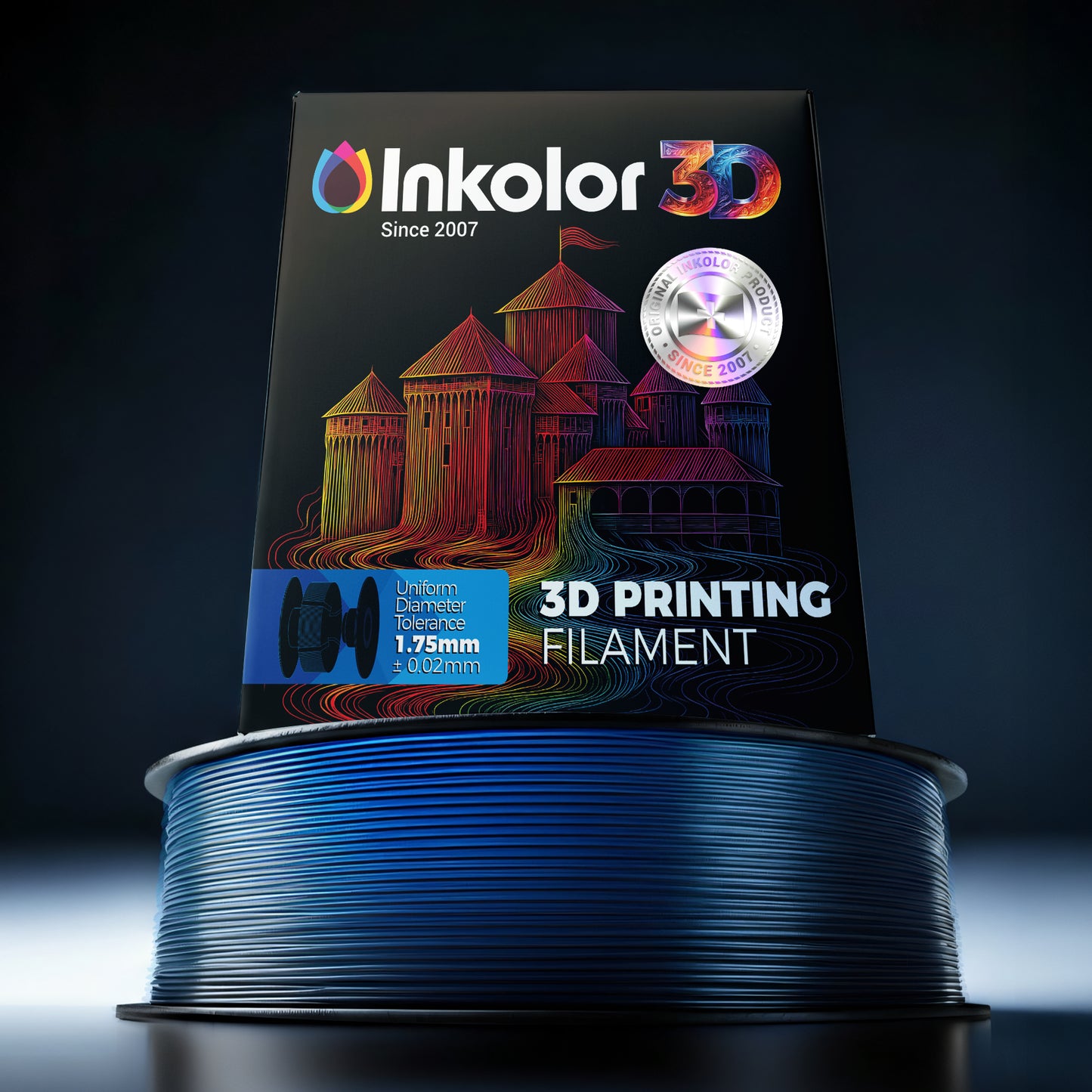 Inkolor Silk PLA+ Bicolor Schwarz Blau Filament 1.75mm 1Kg 3D-Druck Filament Spule vor Verpackung mit Burgmotiv und Textur.