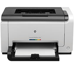HP Color LaserJet CP1025 Imprimante couleur compacte pour petits bureaux ou utilisation à domicile, vue de face avec bac de sortie ouvert.