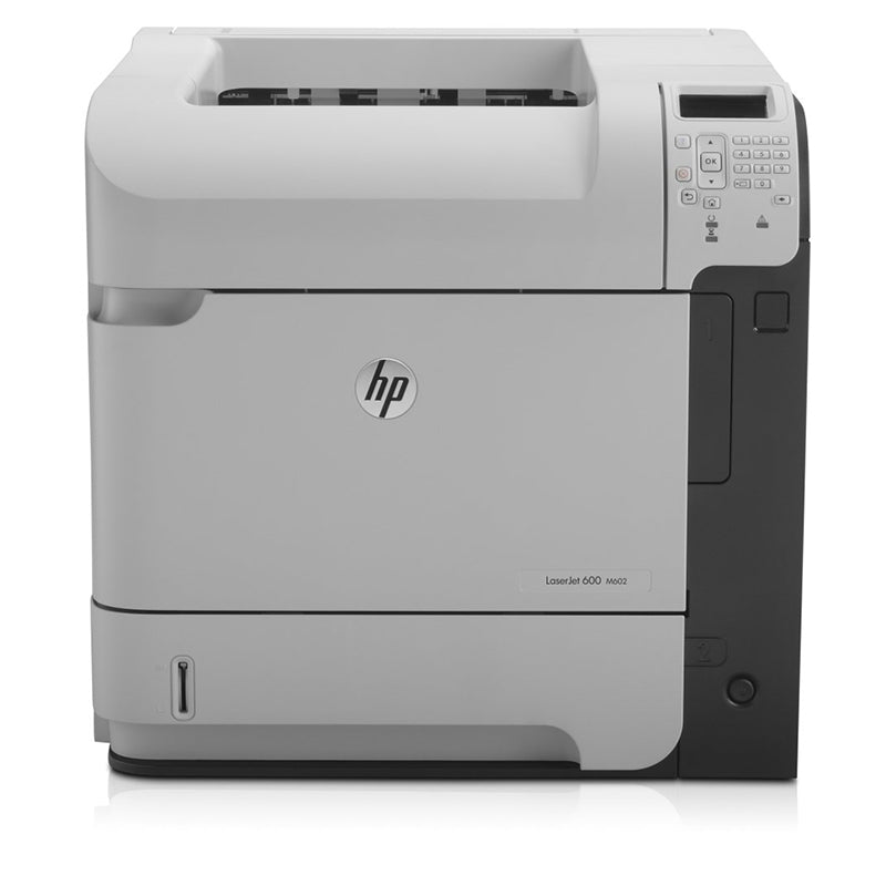 Front view of HP LaserJet Enterprise M602N, a high-performance monochrome printer for busy office environments.