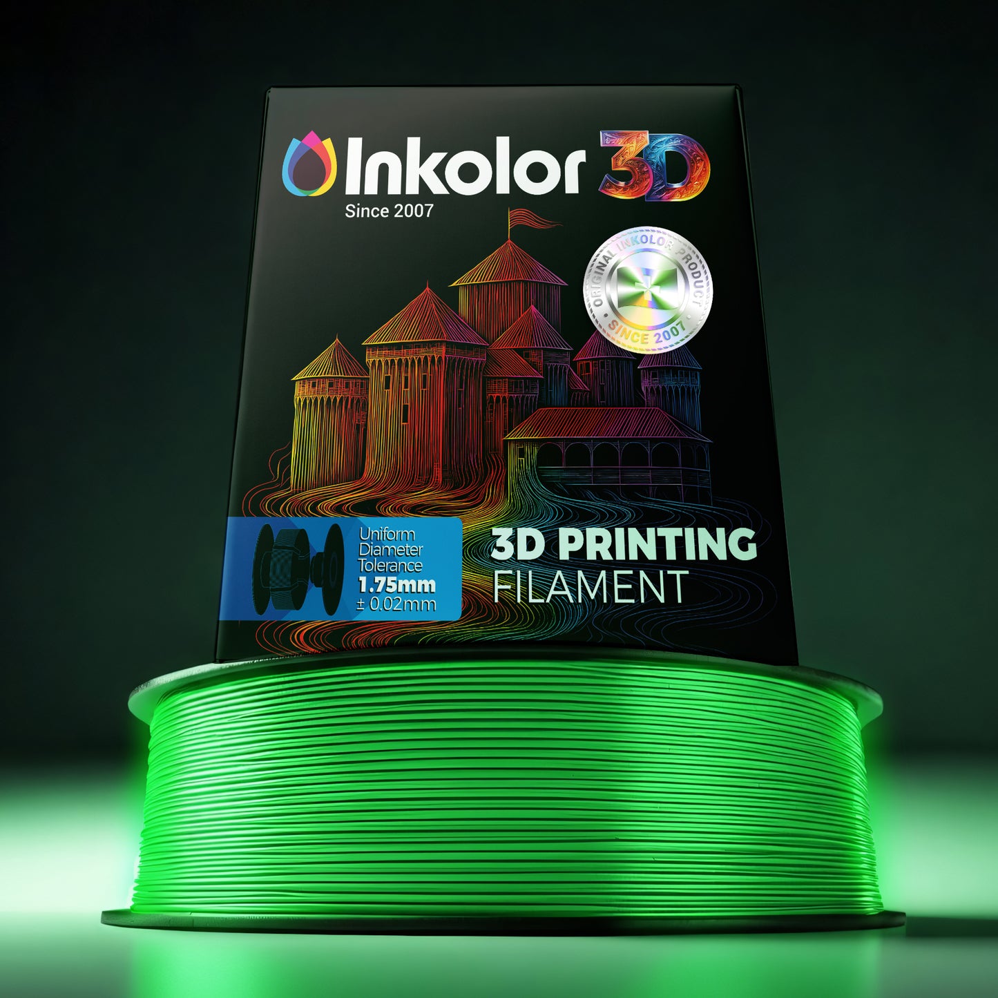 Inkolor PLA Glow in the dark Grün Filament 1.75mm 1Kg 3D-Druck Filament, luminous green, ideal for 3D printing projects at night.