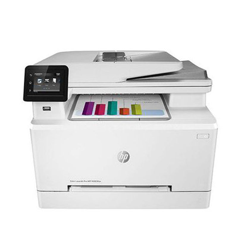 Stampante multifunzione HP Color LaserJet Pro M282 per piccoli uffici, che offre stampa, copia e scansione a colori e in bianco e nero.