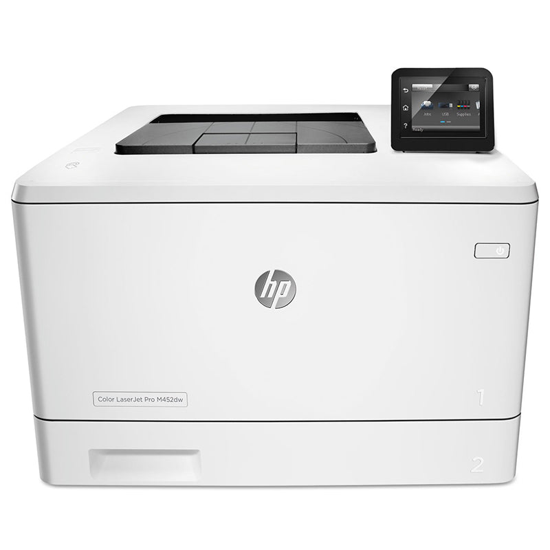 HP Color LaserJet Pro M452dw printer with touch screen display, featuring wireless and Ethernet connectivity.