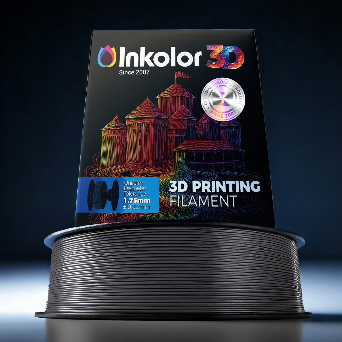 Inkolor PLA Matt Grau Filament 1.75mm 1Kg 3D-Druck Filament roll on display.