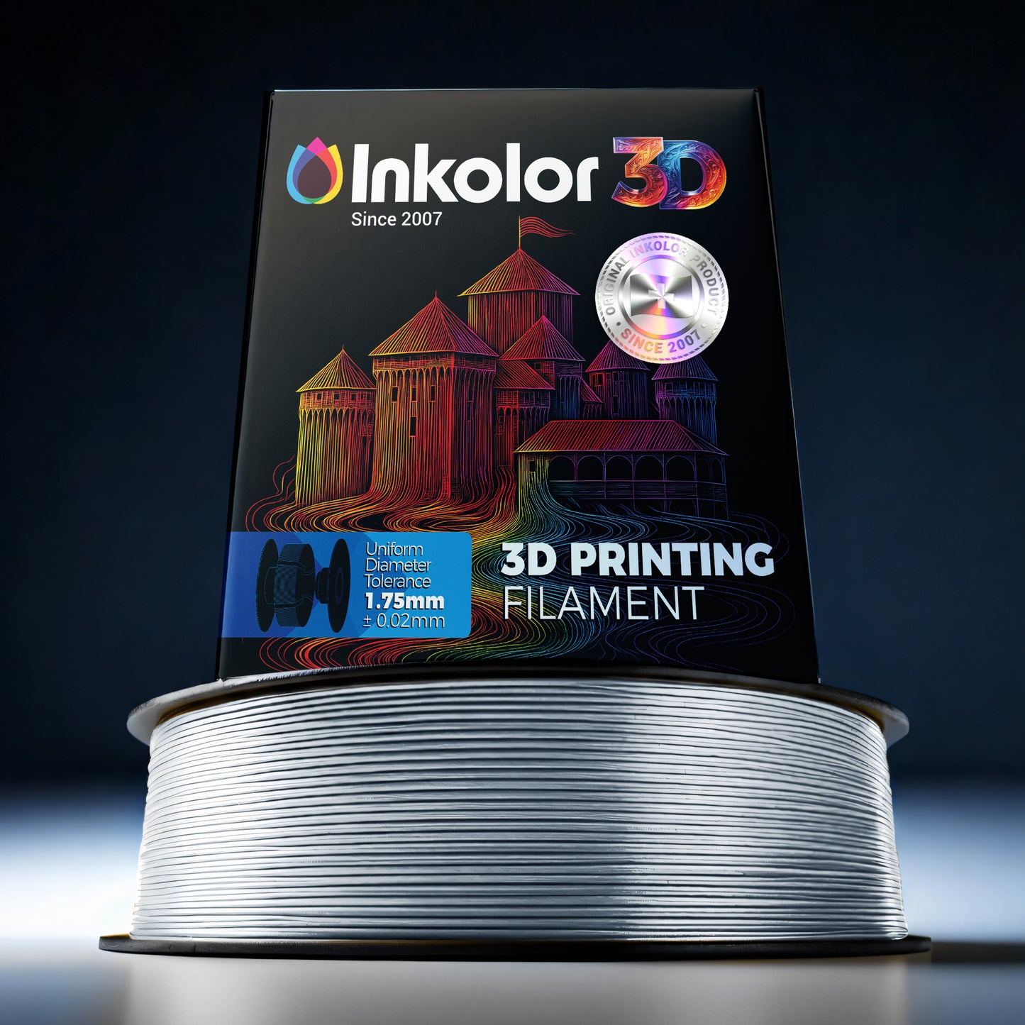 Inkolor Silk PLA+ Silber Filament 1.75mm 1Kg 3D-Druck Filament spool showcasing metallic shine and smooth texture.