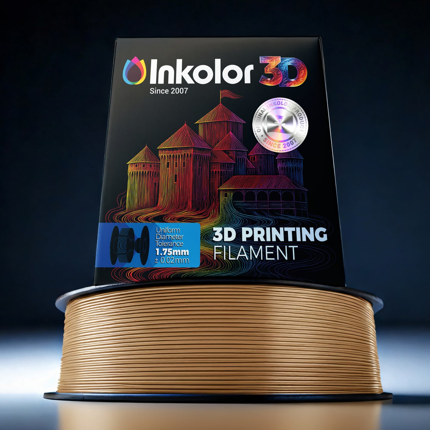 Inkolor Holz Filament 1.75mm 1Kg 3D-Druck Filament with packaging showing a 3D printed castle illustration.