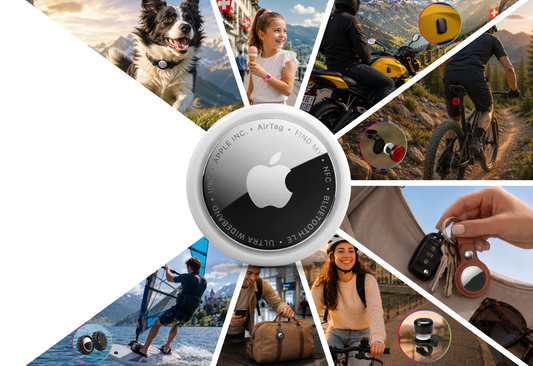 Fotocollage, wo zeigt, wie en AirTag mit verschidenem Schutzzuebehör bruucht wird: anere Hundschöler, amene Schlüsselbund, inere Reisetasche und amene Velo.