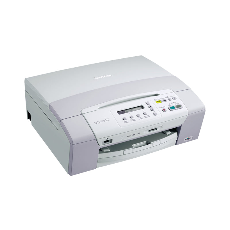 Brother DCP-163C compact inkjet multifunction printer with print, copy, and scan capabilities, shown in a sleek design.