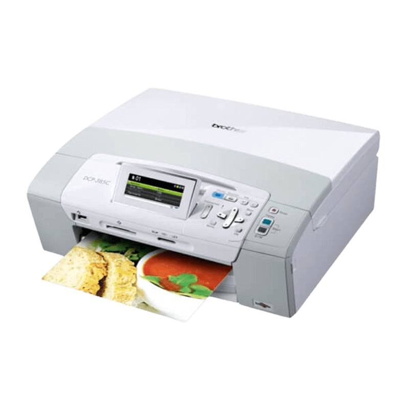 Brother DCP-387C inkjet multifunction printer with print, copy, and scan features, printing a colorful photo.