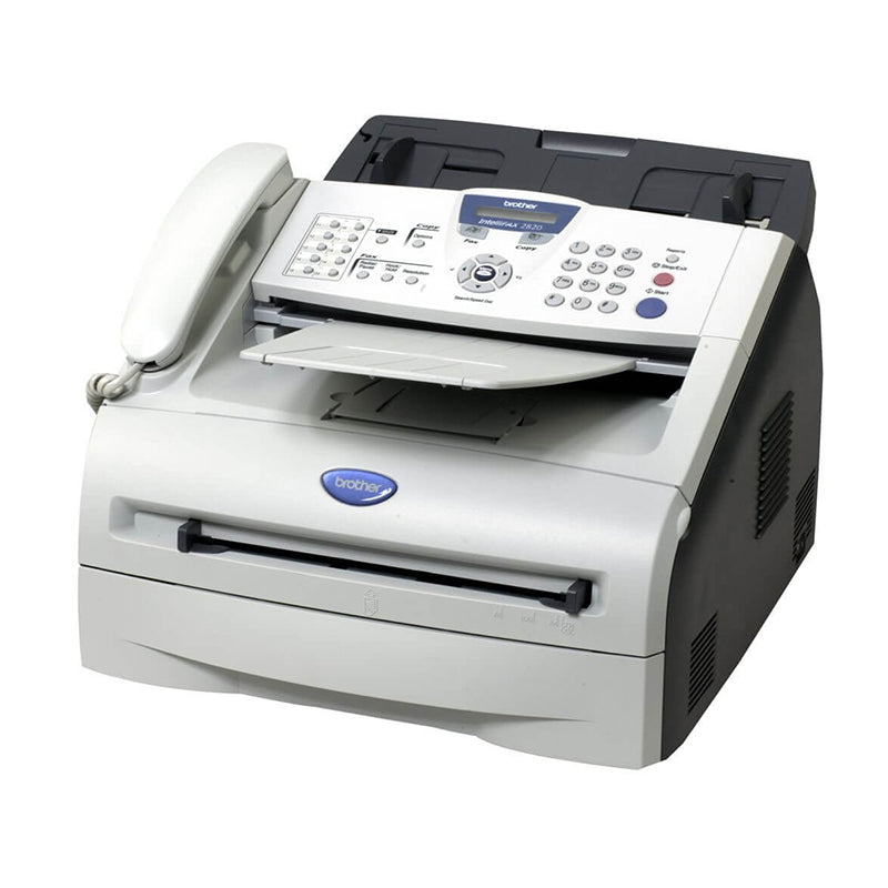 Brother Fax-2825 compact laser fax printer for small offices and homes, featuring ADF, high capacity paper tray, and fast printing.