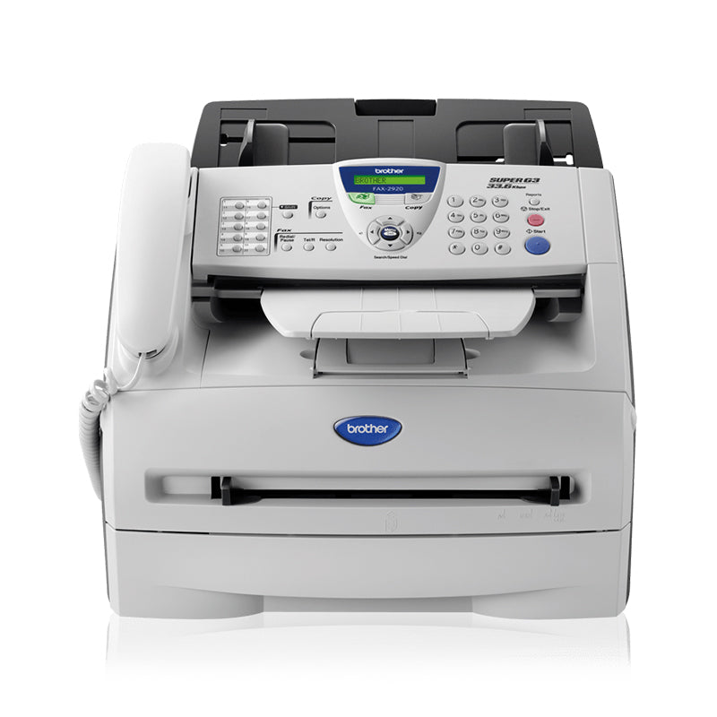 Brother Fax 2920 laser fax printer with handset and control panel, known for 14 ppm speed and 600 dpi resolution. Compact and efficient design.