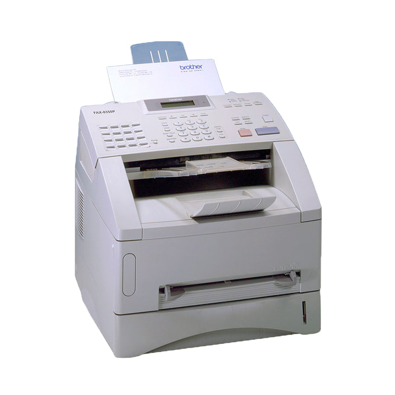 Brother Fax 8350P laser fax printer with automatic document feeder, designed for office use, up to 14 pages per minute speed.