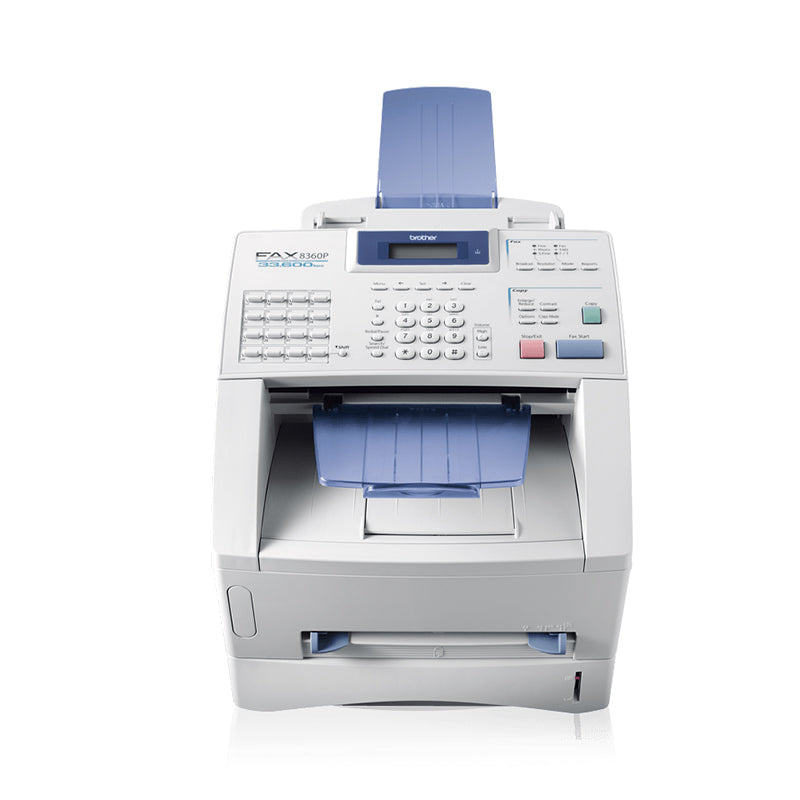Brother Fax 8360P laser fax printer with 600x600 dpi resolution for business use, featuring 14 ppm speed and 33.6 kbps modem.