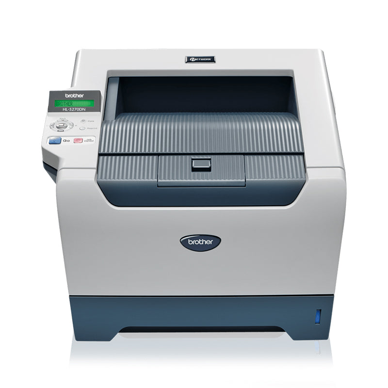 Brother HL-5270DN monochrome laser printer with 28 ppm speed, 1200 dpi resolution, duplex printing, and network capabilities.