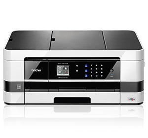 Brother MFC-J4410DW inkjet multifunction printer front view, black and white design, with control panel and input tray visible.
