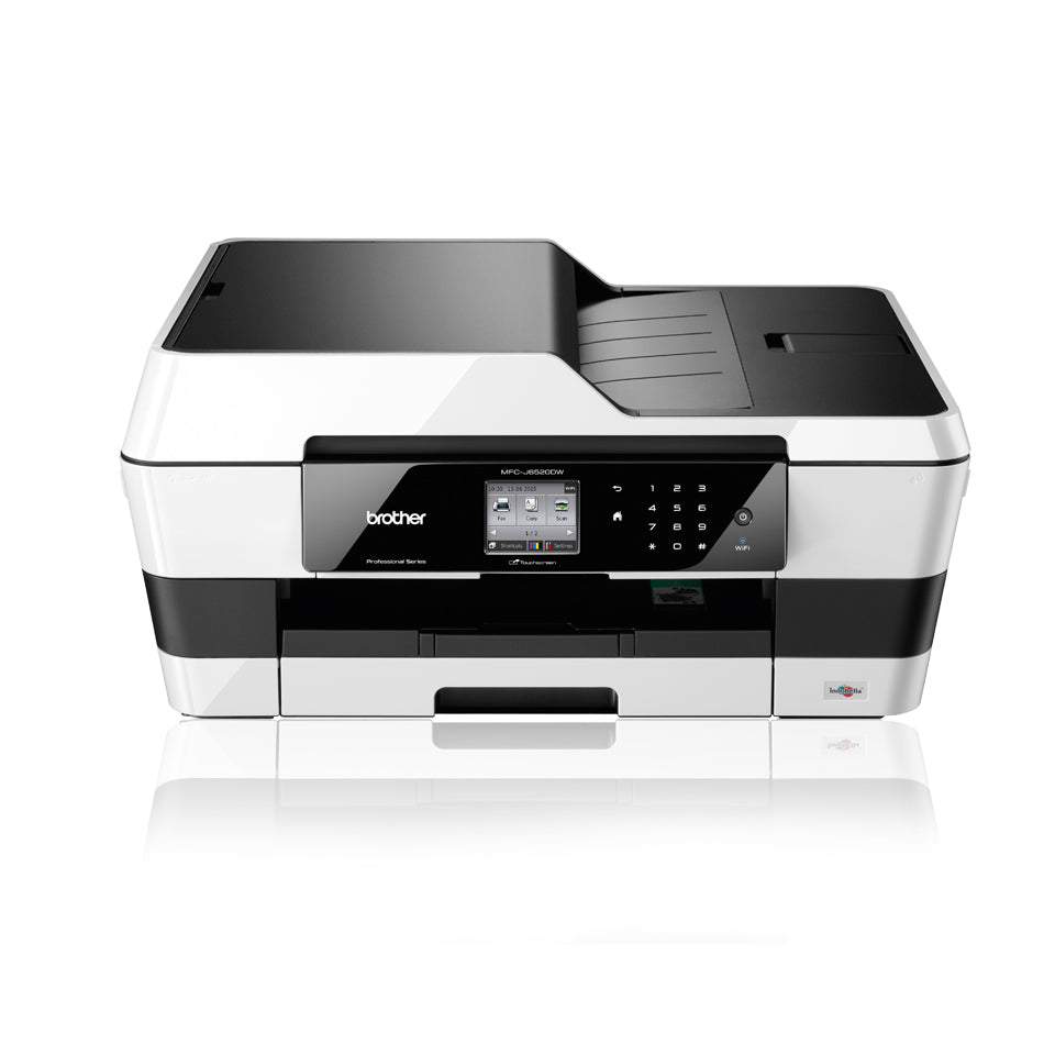 Brother MFC-J6520DW multifunction inkjet printer, supports printing, scanning, copying, faxing with duplex function and 250-sheet capacity.