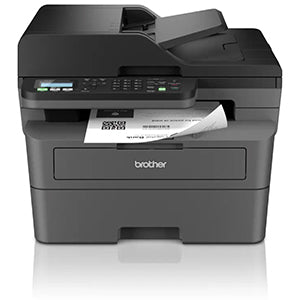 Brother MFC-L2827DW Monochrome Laser Multifunction Printer with auto duplex, shown printing a document.