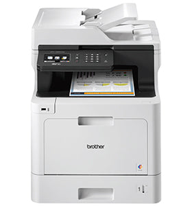 Brother MFC-L8690CDW Farblaserdrucker mit 31 SPM-Druckgeschwindigkeit, Duplexdruck, Scannen, Kopieren und Faxen in weiß.