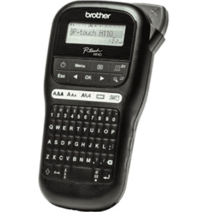 Portable Brother PT-H110 label printer with keyboard for home or office use, supporting TZe tapes up to 12mm wide.