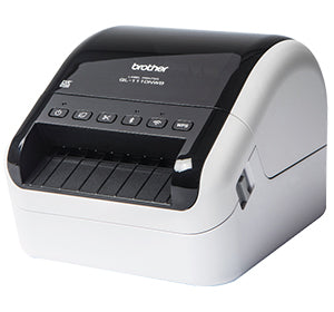 Brother QL-1110NWB professional label printer with high print speed, ideal for shipping labels, featuring USB, Ethernet, WLAN.