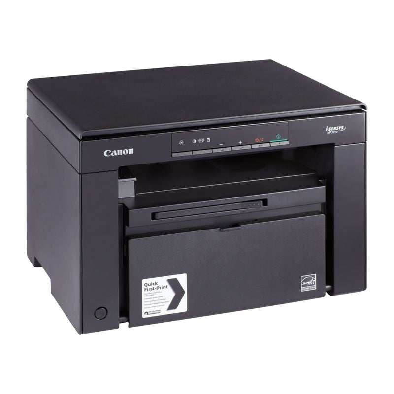 Canon i-SENSYS MF3010 3-in-1 laser printer, compact design, with printing, scanning, copying features, efficient for small offices.
