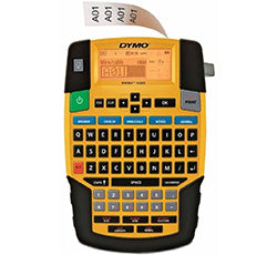 Dymo Rhino 4200 portable industrial label printer with QWERTZ keyboard and label tape emerging from the top.