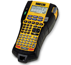 Dymo Rhino 5200 portable label printer with industrial design, shown with keypad and digital display, ideal for professional use.