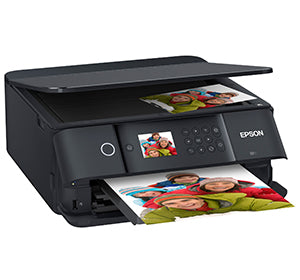 Epson Expression Premium XP-6100 printing photos, compact multifunction printer for homes with duplex and color printing capabilities.