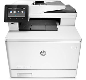 HP Color LaserJet Pro MFP M477 multifunction printer with touchscreen, ideal for small to medium offices. Compact design and efficient.